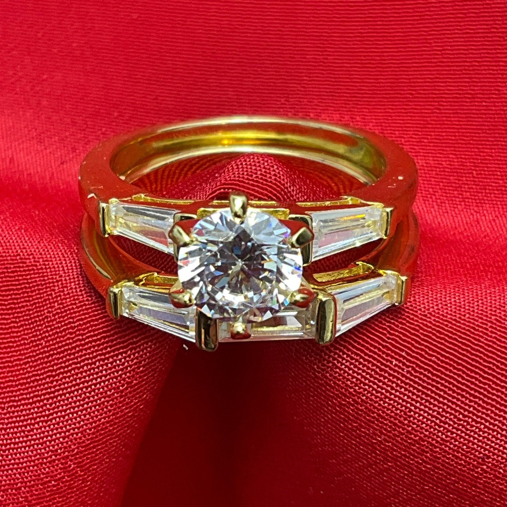 Silver 925 Gold Tone‎ Round Brilliant Tapered Baguette Bridal Ring Set Size 8